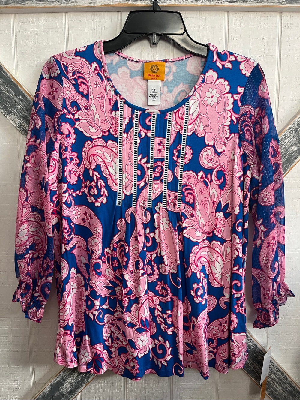 Ruby Rd. Pink and Blue Paisley Long Sleeve Scoop Neck Top